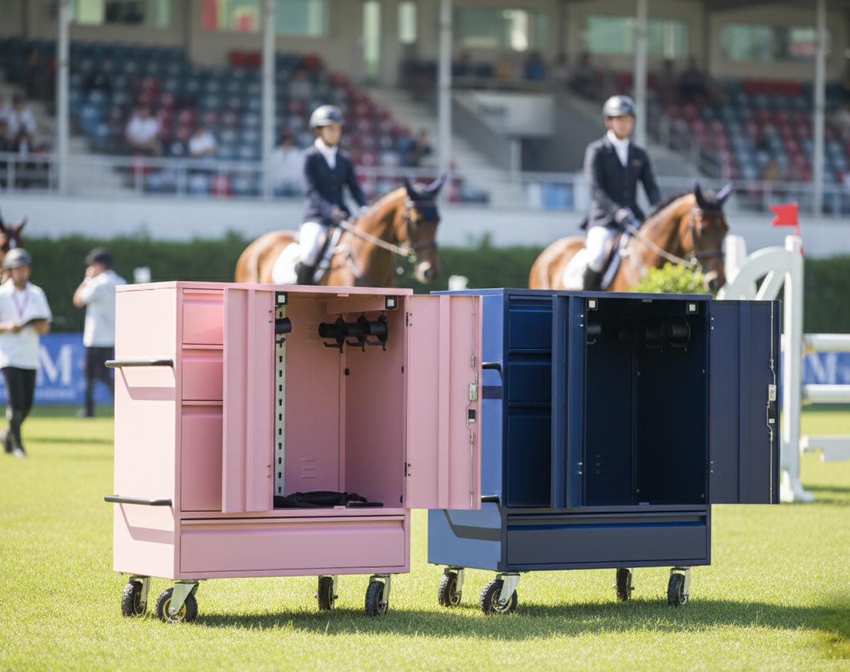 malle de concours et malle d'équitation pour votre sellerie MAMALLE référence pour le cheval une nouvelle gamme de malle roulante métallique avec rangements et casiers au cavalier. Malle moins cher pour le transport